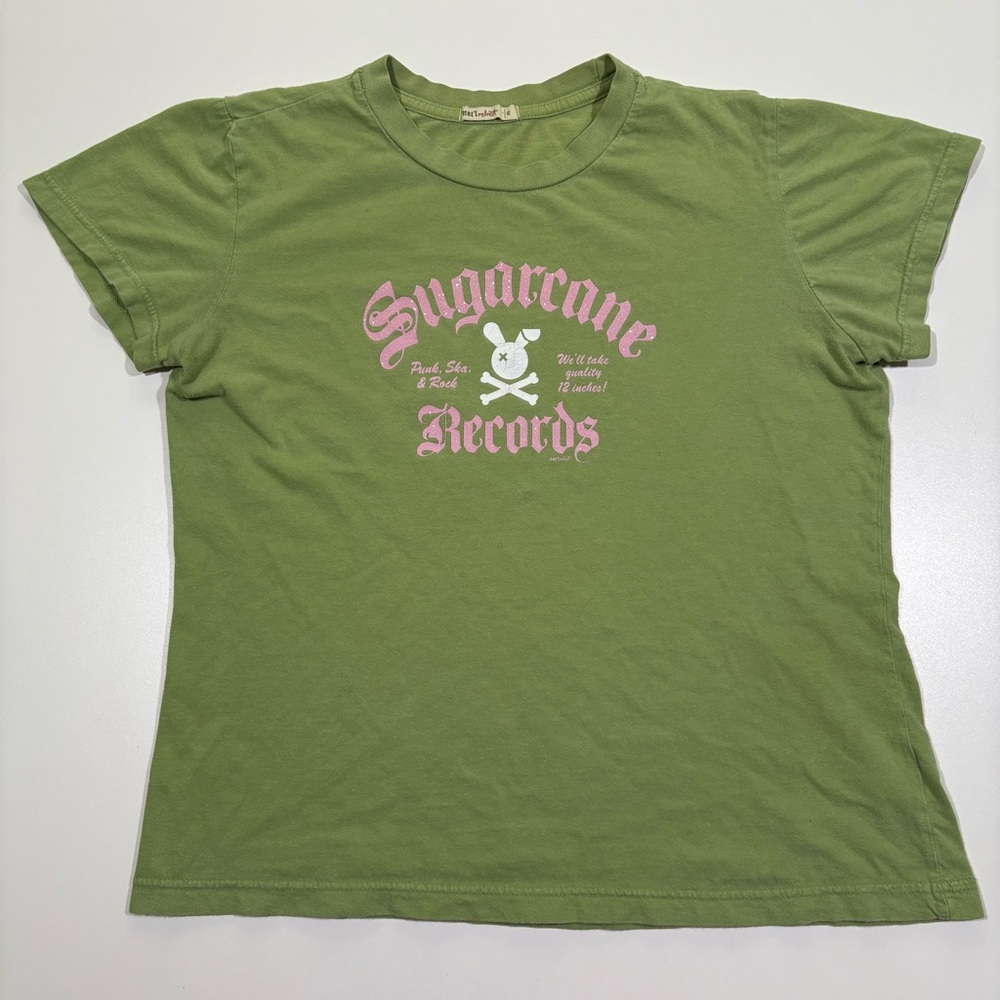 🐰🤍 Y2K Bunny Graphic Tee Sparkly Pink & Olive, Sugarcane Records, Sz XL Punk - Picture 2 of 11